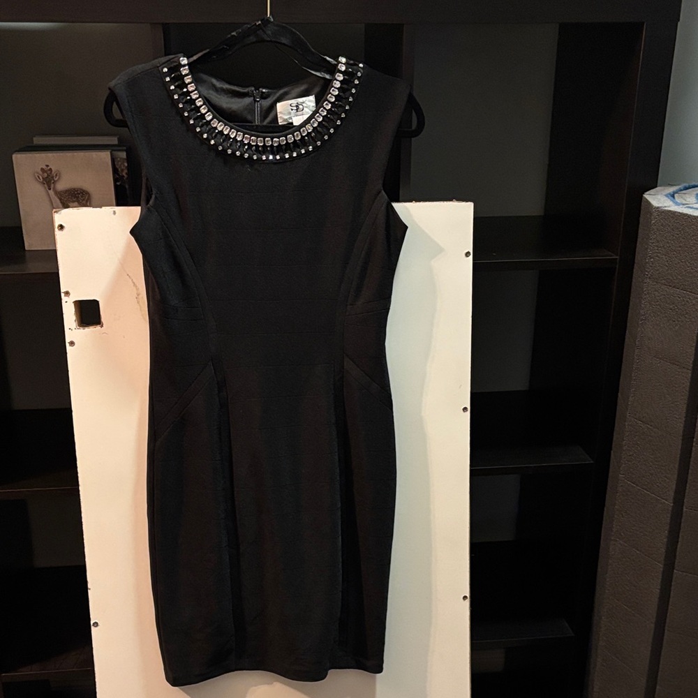 SD Collection Black Mini Dress with Embellished Neckline